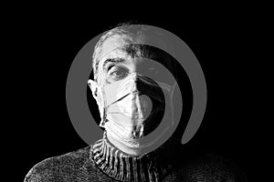 Man with surgical mask. Pandemic or epidemic and scary, fear or danger concept. Protection for biohazard like COVID-19 aka