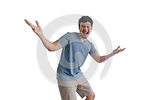 Man with surprised action pose on isolated background.