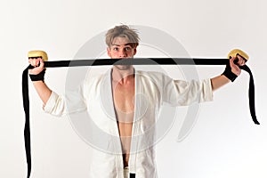 Man with surprised face and bristle on white background.