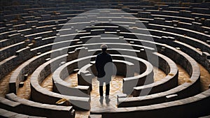 A man in a surreal labyrinth in search of a way out, a solution to a complex life problem