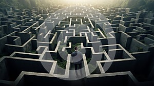 Man in surreal maze, facing labyrinth challenge, complex problem decision, strategy for success, concept of life obstacles and