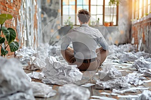 Man surrounded by crumpled paper in despair