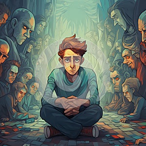 Man Surrounded by Judgmental Crowd Illustration