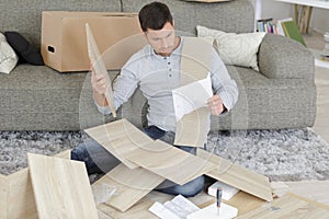 Man surrounded by pieces flat pack furniture photo