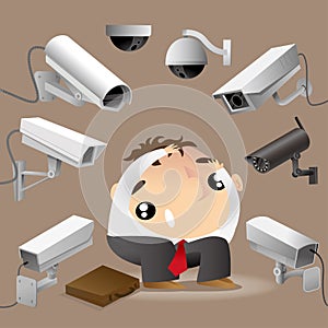 A man surrounded by surveillance cameras and feels worrying