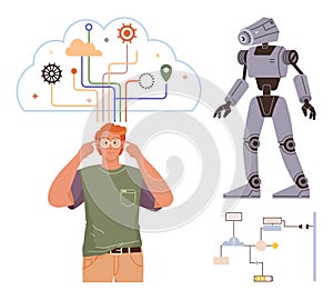 Man surrounded by technology concepts, robot, and cloud symbolizing innovation and artificial intelligence