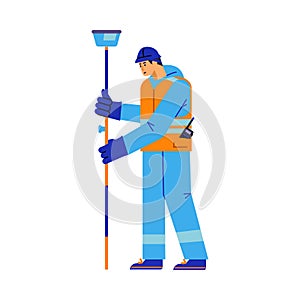 Man surveyor character in blue suit, helmet and orange vest does geodetic work flat style