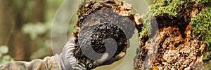 Man survivalists and gatherer with hands gathering chaga mushroom growing on the birch tree trunk on forest. wild raw food chaga p