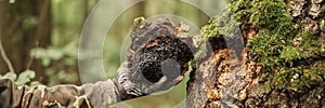 Man survivalists and gatherer with hands gathering chaga mushroom growing on the birch tree trunk on forest. wild raw food chaga p