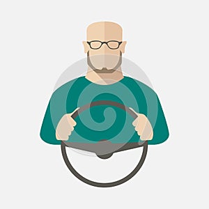 A man in sweater and glasses is driving a car. Vector illustration.