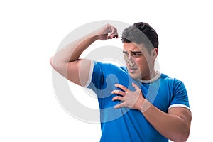 Man sweating excessively smelling bad isolated on white backgrou