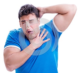Man sweating excessively smelling bad isolated on white backgrou