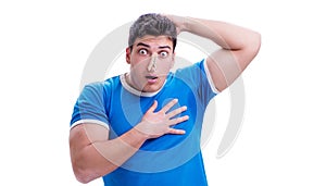 Man sweating excessively smelling bad isolated on white backgrou