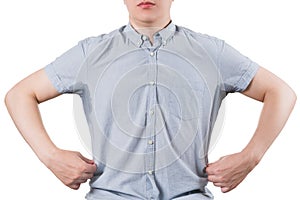 Man with sweaty armpits isolated on white background