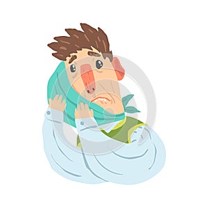 Man with swelling of the cheek and a bandage suffering from toothache pain cartoon character vector Illustration