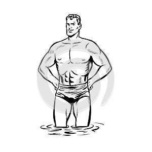 Man swimmer in swimming trunks. black and white outline