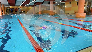 Man swimming in pool. Fit young male swimmer training in the pool. Young man swimming the front crawl in a pool. Young