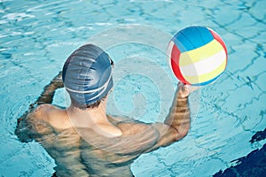 Man, swimming pool or water polo player with ball, cap or goggles in sports game, training or workout for competition