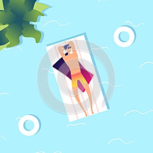 Man swimming. Summer sea guy in water. Cartoon person on mattress, summertime in pool. Vacation time, travel and relax