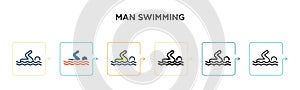 Man swimming vector icon in 6 different modern styles. Black, two colored man swimming icons designed in filled, outline, line and
