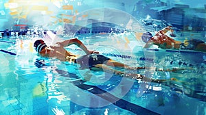 Man swimming with water splashing in pool. Athletes training for a race, competition or tournament.