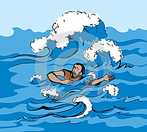 Man swims through the waves of the storm. Vector drawing