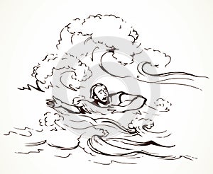 Man swims through the waves of the storm. Vector drawing