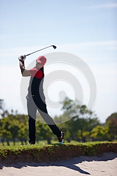 Man, swing and club for golf tournament on field, driver and international sports or contest. Black male person, athlete