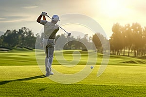 A man is swinging a golf club on a green golf course