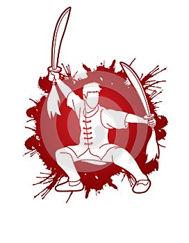 Man with swords action, Kung Fu pose graphic