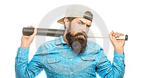 Beardman holding a baseball bat. Isolated white background. Man swung the bat. Hooligan with baseball bat ready for