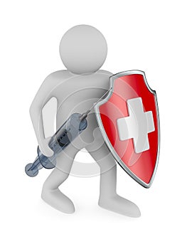 Man syringe and shield on white background. Isolated 3D illustration