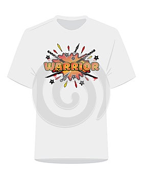 Man t-shirt design, vector. Warrior, pop art illustration. Fun wording design, cartoon lettering, colorful design, tags, graffiti