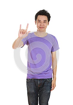 Man in t-shirt with hand sign I love you