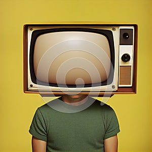 A man in t-shirt with TV set instead his head concept image