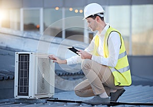 Man, tablet and air conditioning maintenance on roof with tech, digital analysis and test. Technician, mobile