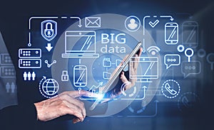 Man with tablet and big data interface