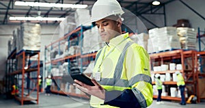 Man, tablet and logistics, ecommerce or warehouse for stock inventory management, package data and supply chain. Worker