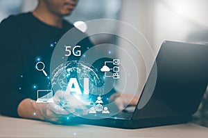 Man with tablet and notebook with Artificial Intelligence AI,on big data network machine learning and data on dark background