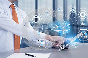 Man with tablet in office, AI interface