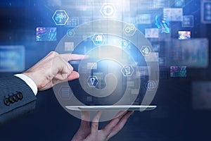 Man with tablet using digital business interface