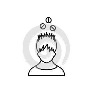 Man with tablets over head icon, outline style