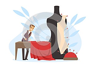 Man Tailor or Fashion Designer Working in Atelier Studio with Clothing Garment Model Sewing Vector Illustration