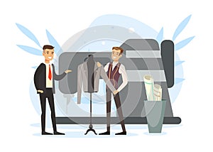 Man Tailor or Fashion Designer Working in Atelier Studio Talking to Client Vector Illustration
