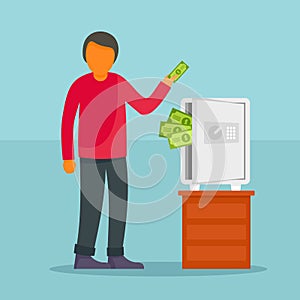 Man take money from safe concept background, flat style