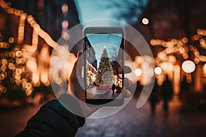 Man take shot on smartphone Christmas tree on the night city street