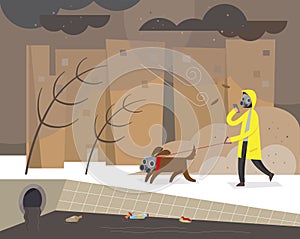 A man take a walk with his dog in a polluted city shrouded in toxic haze