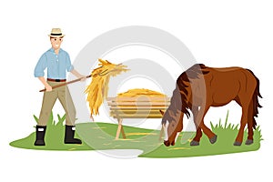 The man takes care of his beloved horse, gives them hay. Horse eat hay at the farm. Country pet. Agricultural work