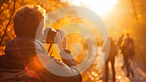 man takes pictures in autumn park