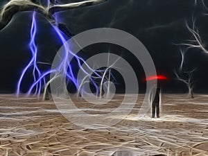 Man takes in storm under umbrella